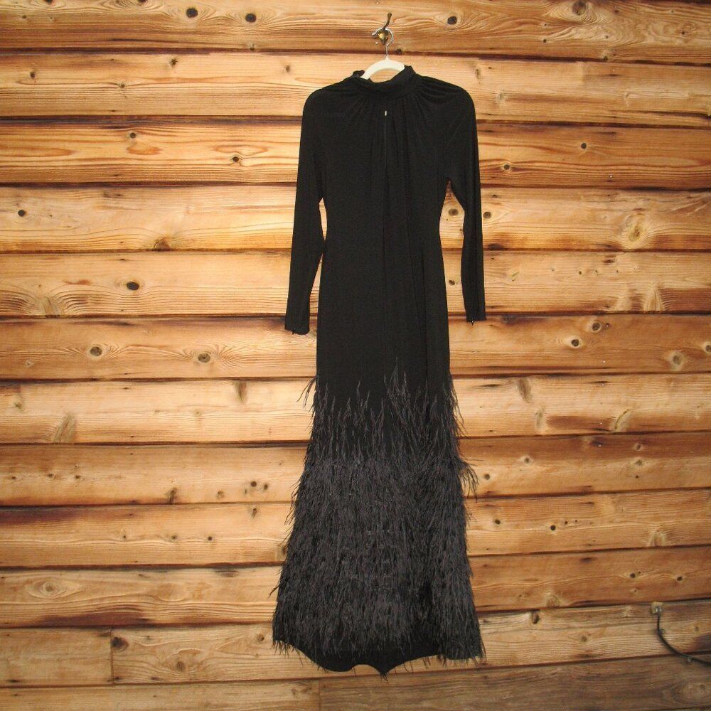 MAC DUGGAL  11839 Black Jersey Long Sleeve High Neck Feather Gown - Picture 9 of 16